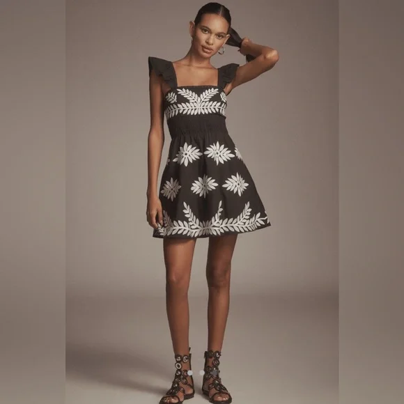 ✨ Anthropologie Ruffle-Strap Embroidered Smocked Mini Dress Sz L - Picture 3 of 7